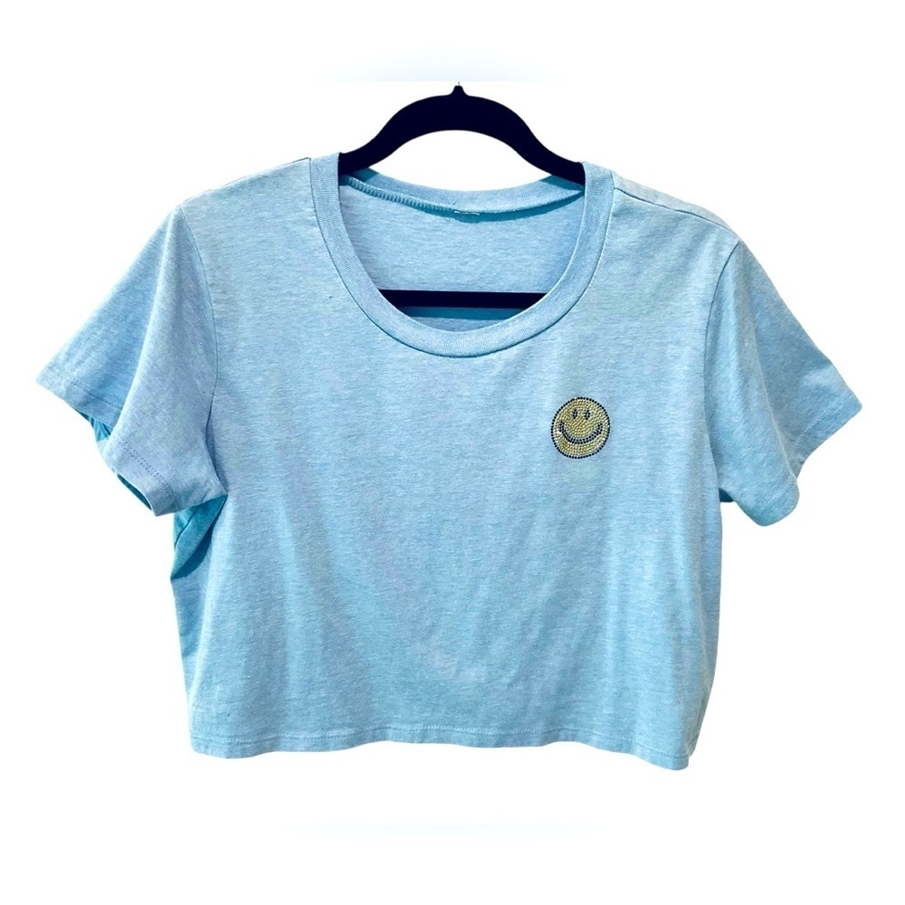 Rhinestone Emoji Happy Smiley Face Bling T-Shirt Crop Blue Short Sleeve Medium🩵